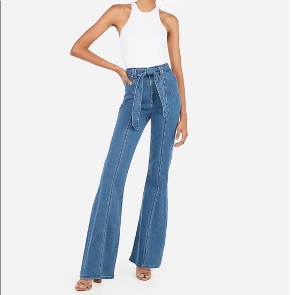 EXPRESS Bell Flare Super High Waist Tie Jeans